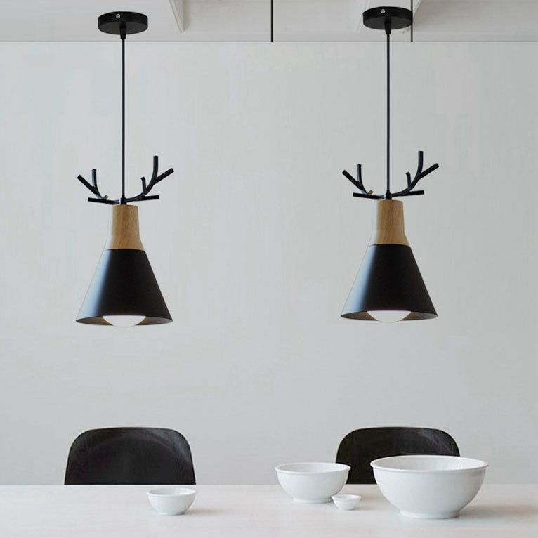Modern Minimalist Antler Wood Iron Cone 1-Light Pendant Light For Living Room