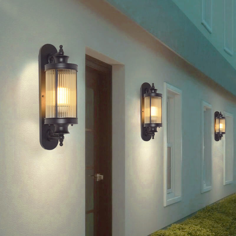 Modern Chinese Cylindrical Glass Iron Outdoor Waterproof 1-Light Wall Sconce Lamp