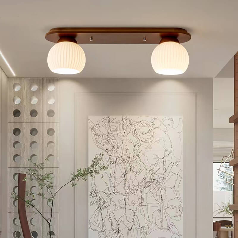 Traditional Japanese Striped Glass Wood Long Plate 2/3 Light Flush Mount Ceiling Light