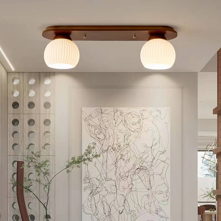 Traditionelle japanische flache Deckenleuchte aus gestreiftem Glas und Holz in Langform mit 2/3 Flammen 