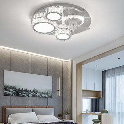 Modern Luxury Crystal Stainless Steel LED Flush Mount Ceiling Fan Light