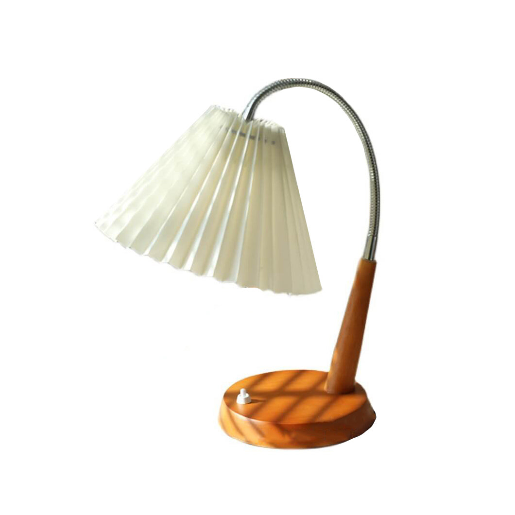 Lámpara de mesa de 1 luz con base de madera maciza plisada vintage francesa y brazo curvado 