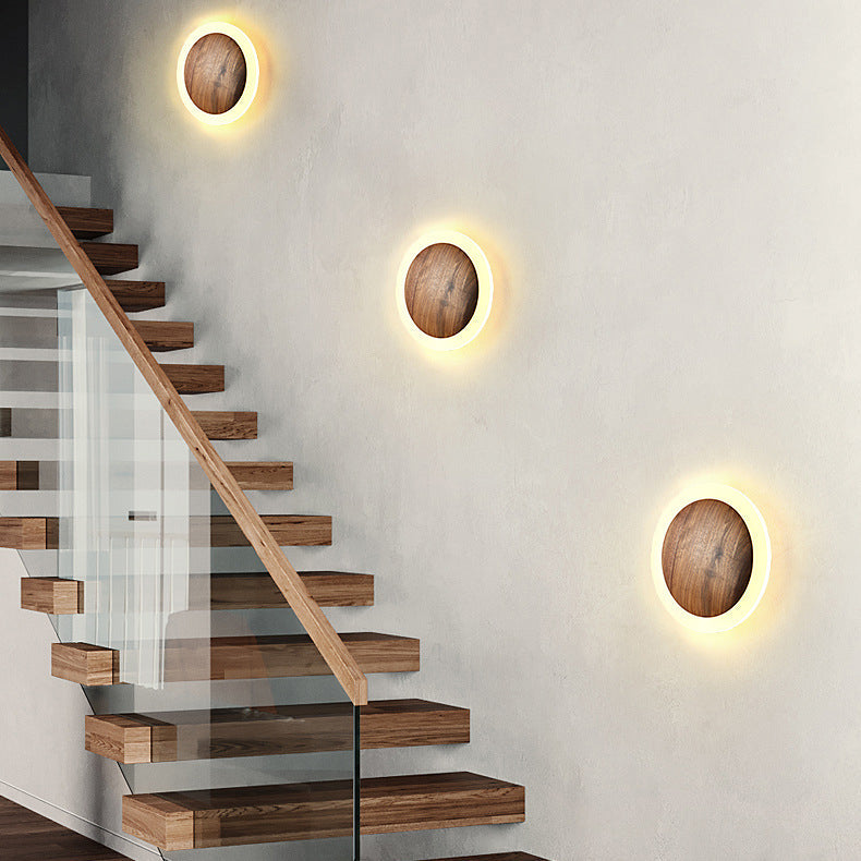 Aplique de pared LED con pantalla redonda de nogal negro japonés tradicional para sala de estar 