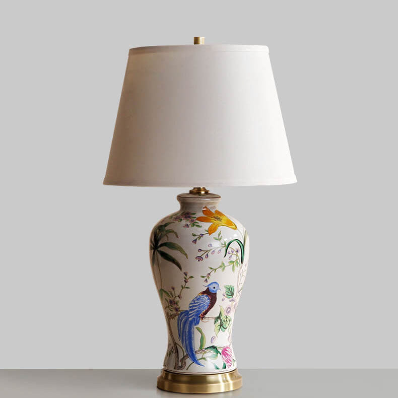 Traditional Chinese Bird &amp; Flower Painted Ceramic Base Fabric Shade 1-Light Table Lamp For Home Office