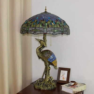 Tiffany Vintage Crane Umbrella Resin Stained Glass 3-Light Table Lamp