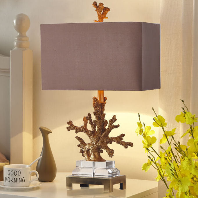 Modern Art Deco Linen Resin Crystal Coral Base 1-Light Table Lamp For Bedroom
