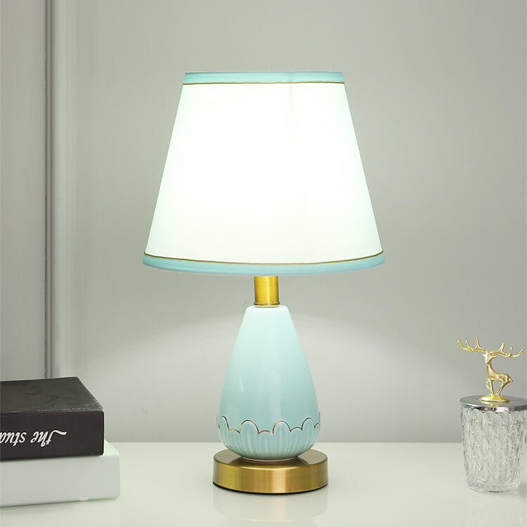 Lámpara de mesa de 1 luz con base de jarrón minimalista moderno redonda trapezoidal de cerámica, metal y tela para dormitorio 