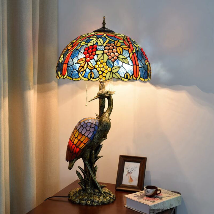 Tiffany Vintage Kranfuß Farbiger Trauben-Glaslampenschirm Design 3-Licht Tischlampe 