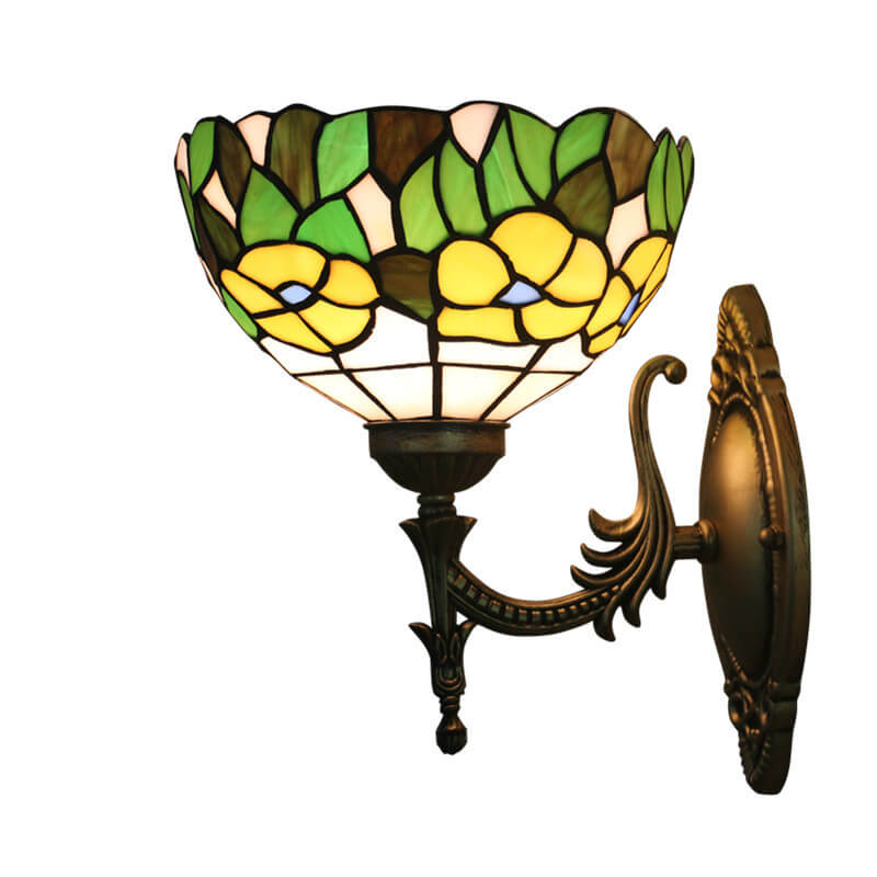 Applique murale européenne à 1 lumière en verre teinté à feuilles vertes florales Tiffany 