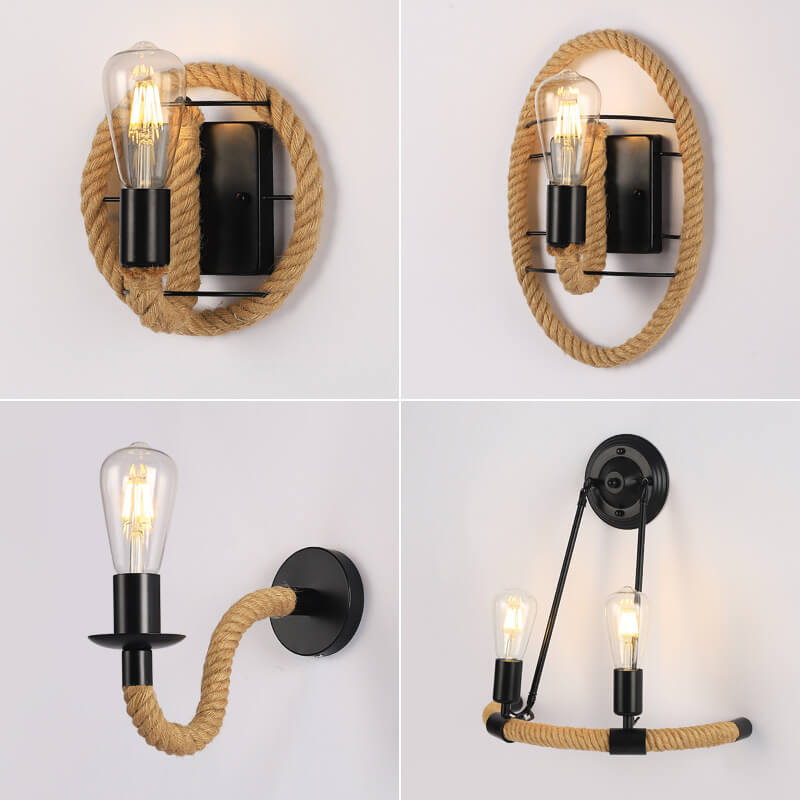 Lámpara de Aplique de Pared Redonda de Hierro de Cuerda Industrial Vintage 1/2 Luz 