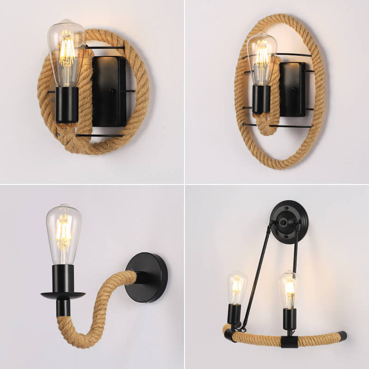 Lámpara de Aplique de Pared Redonda de Hierro de Cuerda Industrial Vintage 1/2 Luz 