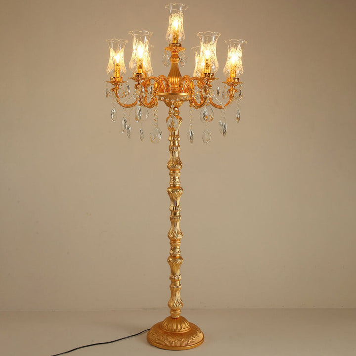 Traditional Luxury Golden Crystal Zinc Alloy Candle Holder 7-Light Standing Floor Lamp For Bedroom