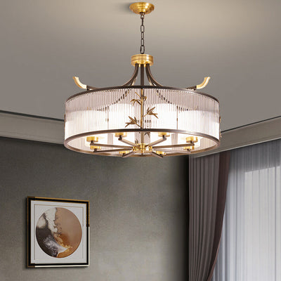 Chandelier traditionnel chinois à cadre en cuivre avec abat-jour en verre nervuré 4/6/8 lumières pour salon 