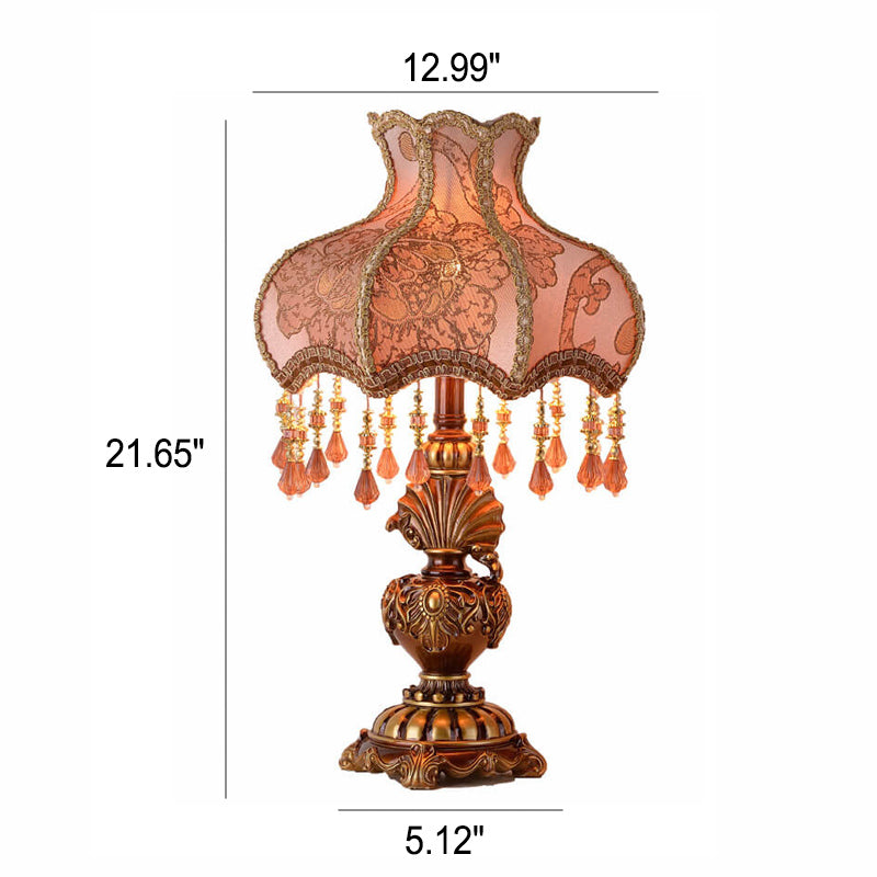 European Vintage Peach Fabric Tassel 1-Light Palace Table Lamp