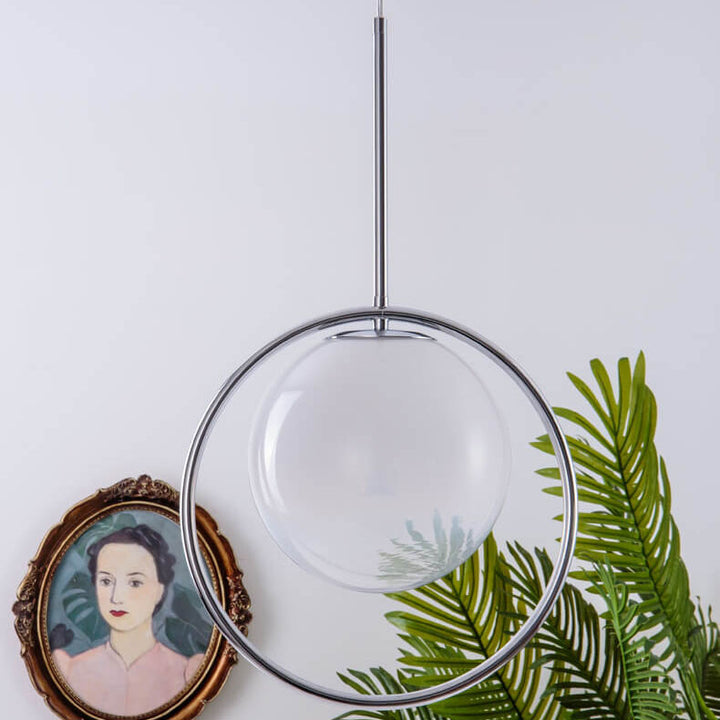Modern Minimalist Gradient Iron Glass Orb Chrome Ring 1-Light Pendant Light for Living Room