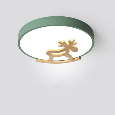 Macaron Creative Wooden Horse Shape Round LED Kids Flush Mount Ceiling Light