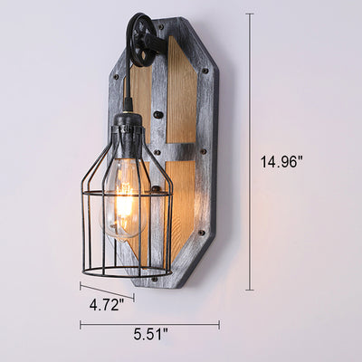 Industrial Vintage Wood Base Cage 1-Light Wall Sconce Lamp