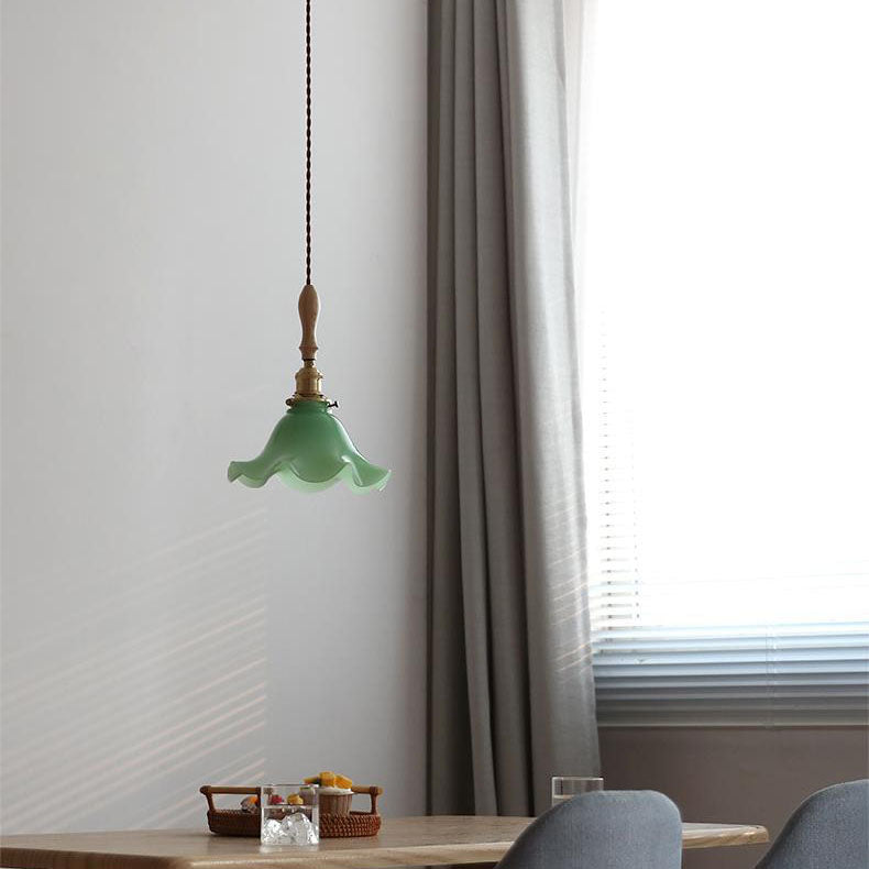 Moderne nordische Pendelleuchte mit Glas, Walnussholz und Blütenblatt-Design, 1-flammig, für Wohnzimmer &amp; Schlafzimmer 