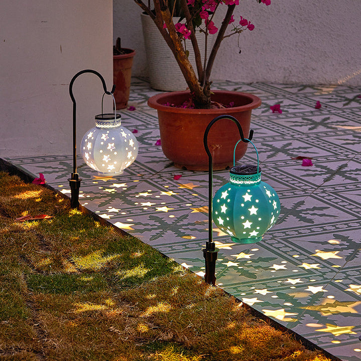 Creative Solar Iron Pentagram Hollow Decor Lantern LED Portable Patio Lawn Light