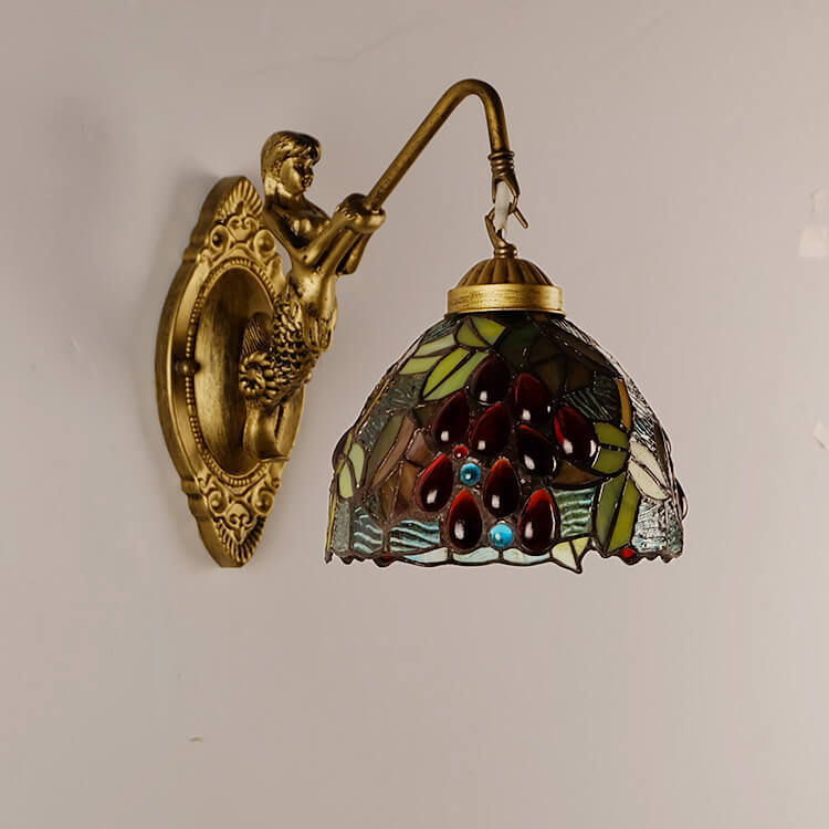 Vintage Tiffany Grape Stained Glass Dome 1-Light Wall Sconce Lamp