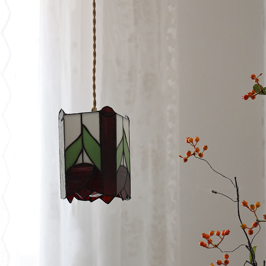 Traditionelle Tiffany Trapez Rechteck Rose Messing Buntglas 1-Licht Pendelleuchte für Wohnzimmer 