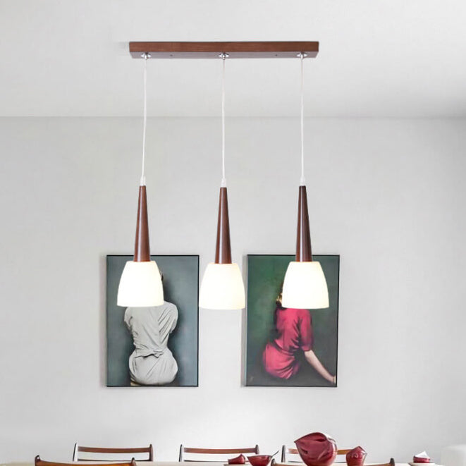 Modern Chinese Walnut Glass Shade 3-Light Chandelier