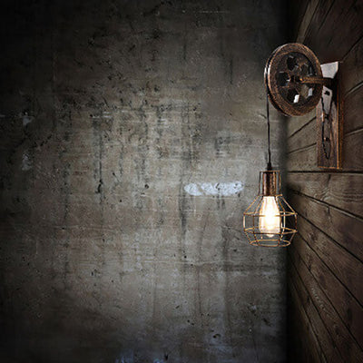 Vintage Industrial Iron Pulley Cage 1-Light Wall Sconce Lamp