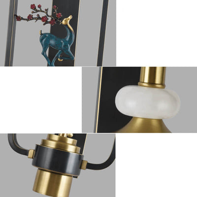 Modern Chinese Plum Deer Brass Glass Ring 2-Light Wall Sconce Lamp