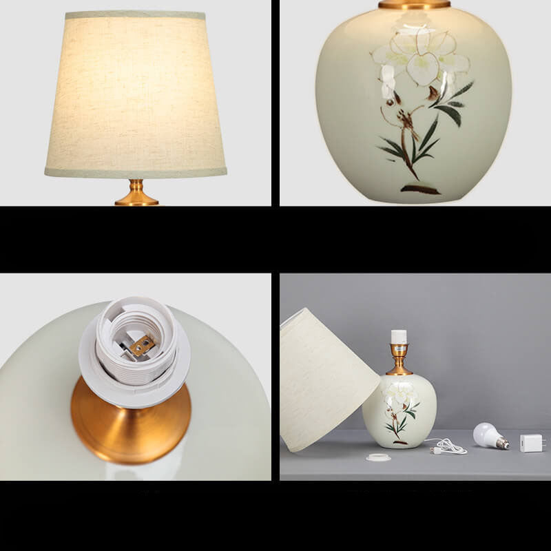 Modern Chinese Fabric Ceramic Round Base 1-Light Table Lamp