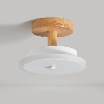 Nordic Flat Round Wood Base LED Semi-Flush Mount Ceiling Light