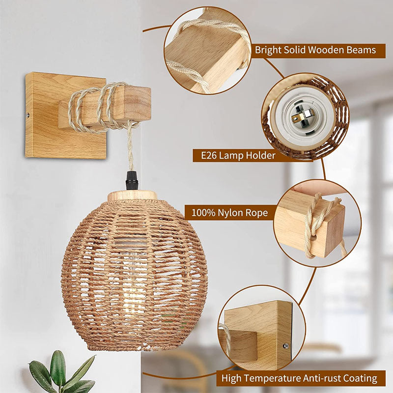Zeitgenössische Boho Rattan Webkäfig Holzträger 1-Licht Wandleuchte für das Wohnzimmer 