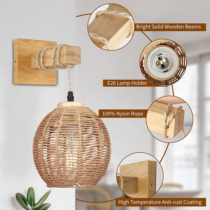 Zeitgenössische Boho Rattan Webkäfig Holzträger 1-Licht Wandleuchte für das Wohnzimmer 