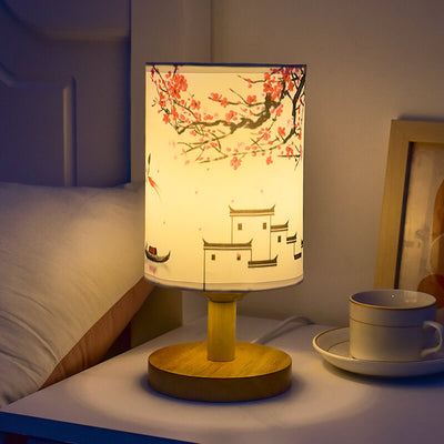 Modern Minimalist Fabric Column Landscape Wood LED Table Lamp