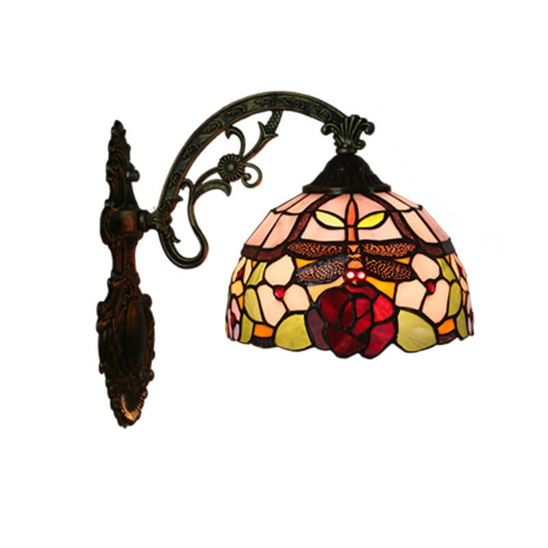 European Tiffany Dragonfly Flower Stained Glass 1-Light Wall Sconce Lamp