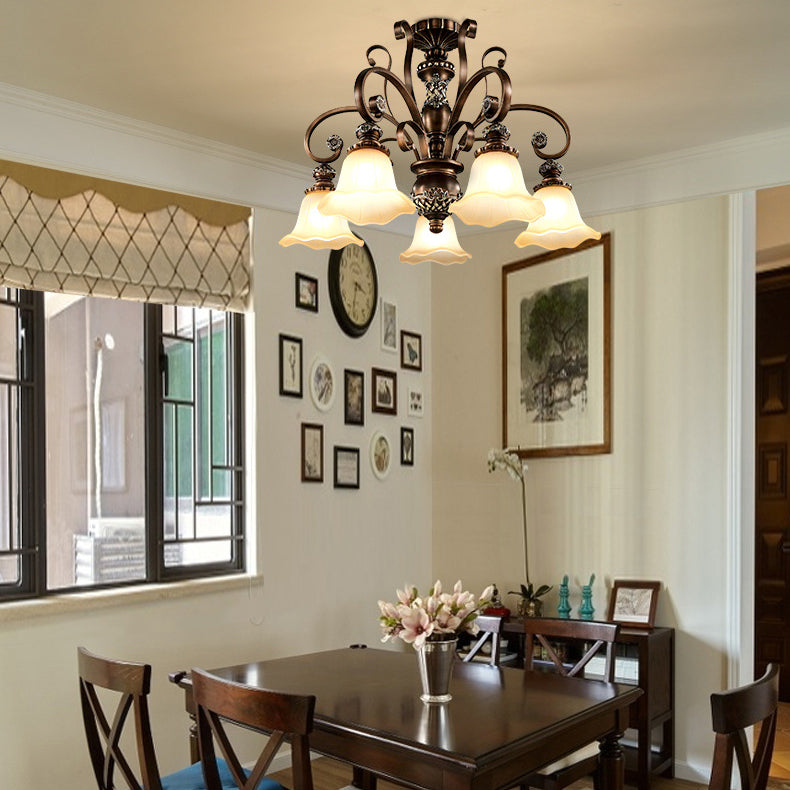Traditional Vintage Bronze Finish Frame Glass Shade 1/3/5-Light Chandelier For Living Room