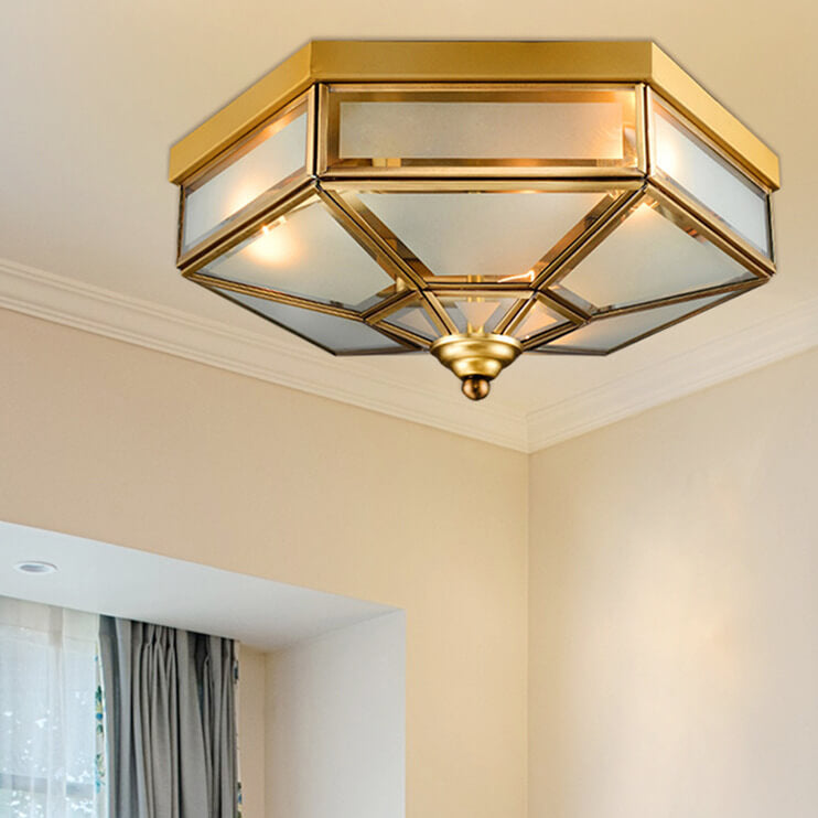 Traditional European Polygonal All Copper Glass 3/4 Light Flush Mount Ceiling Light For Living Room
