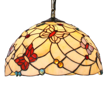 Tiffany European Butterfly Gem Stained Glass Dome 1-Light Pendant Light