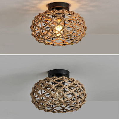 Traditional Rustic Hemp Rope Weaving Iron Cage 1-Light Semi-Flush Mount Ceiling Light For Bedroom