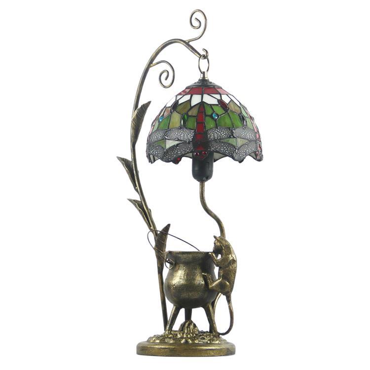 Lampe de table vintage à 1 lumière avec base de souris en vitrail Tiffany Dome 