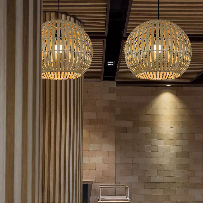 Lampe suspendue moderne à 1 lumière en fer tissé en bambou 