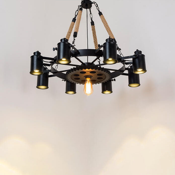 Zeitgenössischer industrieller Retro-Kronleuchter aus Schmiedeeisen und Hanfseil im Zahnrad-Design mit 7/9/11 Flammen für das Wohnzimmer 