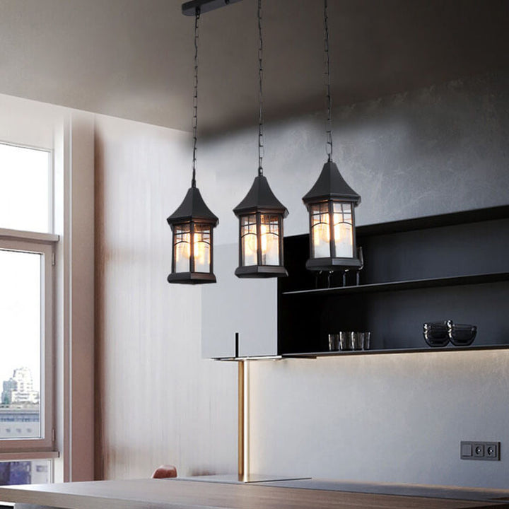 Lámpara de araña colgante para isla de 1/3 luces con jaula hexagonal vintage tradicional de aluminio y vidrio para sala de estar 