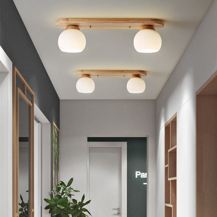 Traditional Japanese Striped Glass Wood Long Plate 2/3 Light Flush Mount Ceiling Light