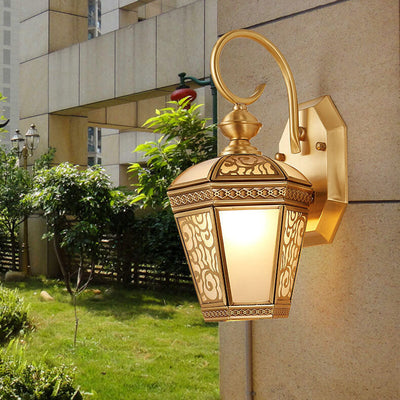 European Modern Hexagonal Lantern Copper Glass Waterproof 1-Light Outdoor Wall Sconce Lamp