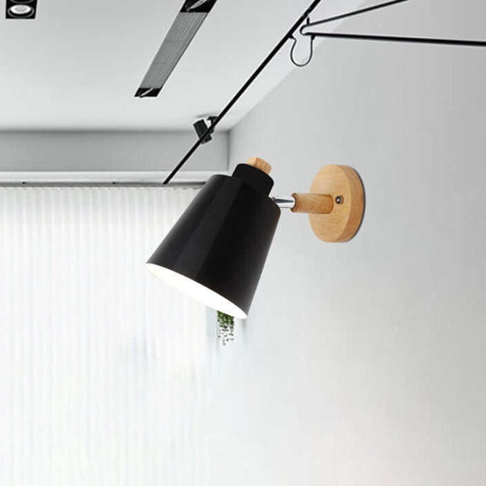 Minimalist Macaron Barrel Shade Wooden Chassis Plug 1-Light Wall Sconce Lamp for Living Room