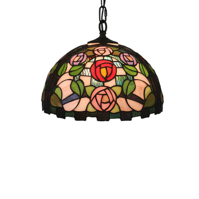 Vintage Tiffany Rose Stained Glass Dome 1-Light Pendant Light