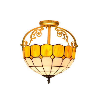 Tiffany European Mediterranean Yellow Glass Bowl 2-Light Semi-Flush Mount Ceiling Light