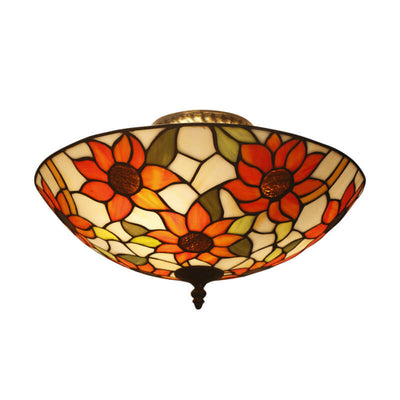 Tiffany European Sunflower Stained Glass Bowl 3-Light Flush Mount Ceiling Light