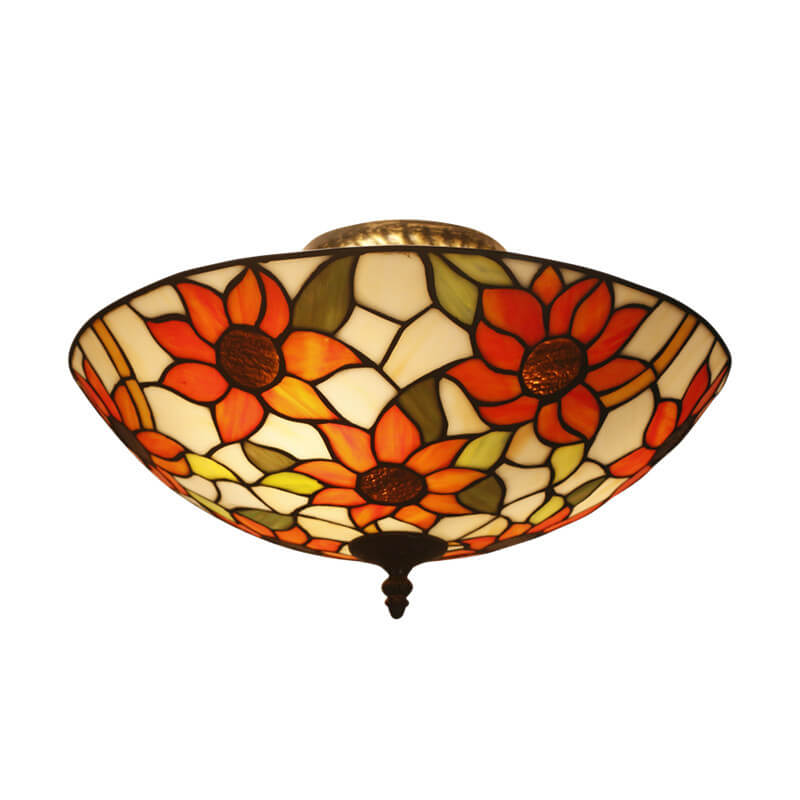 Tiffany Europäische Sonnenblumen-Buntglasschale 3-Licht-Unterputz-Deckenleuchte