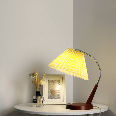 Vintage Pleated Fabric Wood Base Touch 1-Light Table Lamp